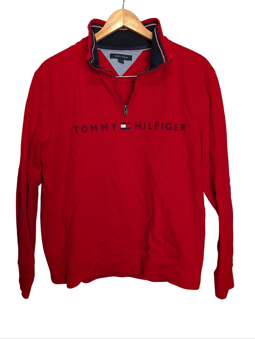 Red Half-Zip Pullover with Navy Trim. Size Large